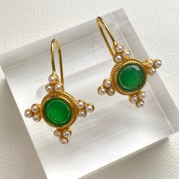 Jewelry - Elegant Gold and Green Earrings with Pearl Accents